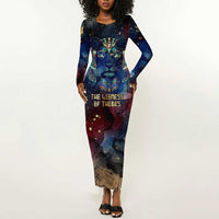 Mut Long Sleeve Bodycon Dress The Lioness of Thebes Egyptian Goddess Cosmic Crown Adorned Warrior Queen Design