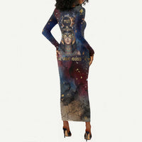Mut Long Sleeve Bodycon Dress The Lioness of Thebes Egyptian Goddess Cosmic Crown Adorned Warrior Queen Design