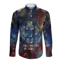 Mut Long Sleeve Button Shirt The Lioness of Thebes Egyptian Goddess Cosmic Crown Adorned Warrior Queen Design