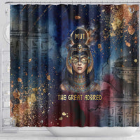 Mut Shower Curtain The Lioness of Thebes Egyptian Goddess Cosmic Crown Adorned Warrior Queen Design