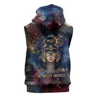 Mut Sleeveless Zip Hoodie The Lioness of Thebes Egyptian Goddess Cosmic Crown Adorned Warrior Queen Design
