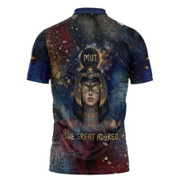 Mut Zipper Polo Shirt The Lioness of Thebes Egyptian Goddess Cosmic Crown Adorned Warrior Queen Design