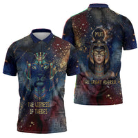 Mut Zipper Polo Shirt The Lioness of Thebes Egyptian Goddess Cosmic Crown Adorned Warrior Queen Design