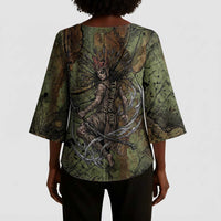 Neith Egyptian Kimono Sleeve Blouse War Goddess Terrifying One Dual Spears and Shield Battle Worn
