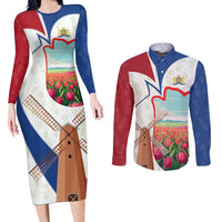 Netherlands Heritage Couples Matching Long Sleeve Bodycon Dress and Long Sleeve Button Shirt with Tulips Windmill and Coat of Arms