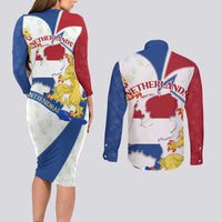 Netherlands Heritage Couples Matching Long Sleeve Bodycon Dress and Long Sleeve Button Shirt with Tulips Windmill and Coat of Arms