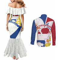 Netherlands Heritage Couples Matching Mermaid Dress and Long Sleeve Button Shirt with Tulips Windmill and Coat of Arms