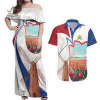 Netherlands Heritage Couples Matching Off Shoulder Maxi Dress and Hawaiian Shirt with Tulips Windmill and Coat of Arms