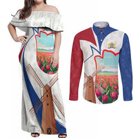 Netherlands Heritage Couples Matching Off Shoulder Maxi Dress and Long Sleeve Button Shirt with Tulips Windmill and Coat of Arms