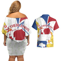 Netherlands Heritage Couples Matching Off Shoulder Short Dress and Hawaiian Shirt with Tulips Windmill and Coat of Arms