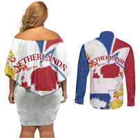 Netherlands Heritage Couples Matching Off Shoulder Short Dress and Long Sleeve Button Shirt with Tulips Windmill and Coat of Arms