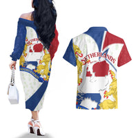 Netherlands Heritage Couples Matching Off The Shoulder Long Sleeve Dress and Hawaiian Shirt with Tulips Windmill and Coat of Arms