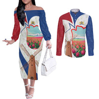 Netherlands Heritage Couples Matching Off The Shoulder Long Sleeve Dress and Long Sleeve Button Shirt with Tulips Windmill and Coat of Arms