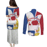Netherlands Heritage Couples Matching Puletasi and Long Sleeve Button Shirt with Tulips Windmill and Coat of Arms