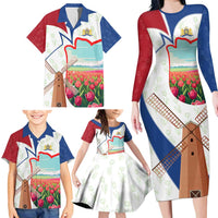 Netherlands Heritage Family Matching Long Sleeve Bodycon Dress and Hawaiian Shirt with Tulips Windmill and Coat of Arms