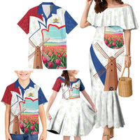 Netherlands Heritage Family Matching Mermaid Dress and Hawaiian Shirt with Tulips Windmill and Coat of Arms