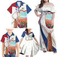 Netherlands Heritage Family Matching Off Shoulder Maxi Dress and Hawaiian Shirt with Tulips Windmill and Coat of Arms