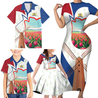 Netherlands Heritage Family Matching Short Sleeve Bodycon Dress and Hawaiian Shirt with Tulips Windmill and Coat of Arms