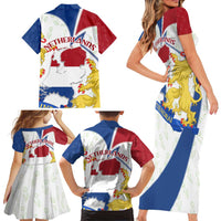 Netherlands Heritage Family Matching Short Sleeve Bodycon Dress and Hawaiian Shirt with Tulips Windmill and Coat of Arms