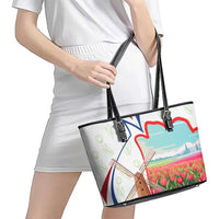 Netherlands Heritage Leather Tote Bag with Tulips Windmill and Coat of Arms
