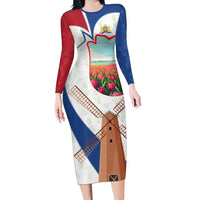 Netherlands Heritage Long Sleeve Bodycon Dress with Tulips Windmill and Coat of Arms