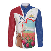 Netherlands Heritage Long Sleeve Button Shirt with Tulips Windmill and Coat of Arms