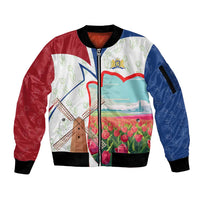 Netherlands Heritage Sleeve Zip Bomber Jacket with Tulips Windmill and Coat of Arms