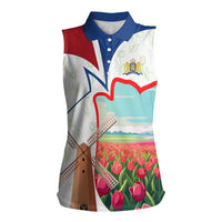 Netherlands Heritage Women Sleeveless Polo Shirt with Tulips Windmill and Coat of Arms