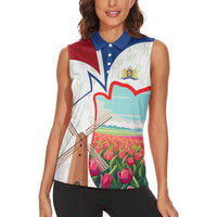 Netherlands Heritage Women Sleeveless Polo Shirt with Tulips Windmill and Coat of Arms