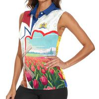 Netherlands Heritage Women Sleeveless Polo Shirt with Tulips Windmill and Coat of Arms
