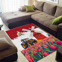 Netherlands Farm Landscape Area Rug with Tractor and Tulips