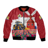 Netherlands Farm Landscape Bomber Jacket with Tractor and Tulips
