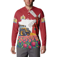 Netherlands Farm Landscape Button Sweatshirt with Tractor and Tulips