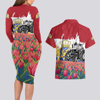 Netherlands Farm Landscape Couples Matching Long Sleeve Bodycon Dress and Hawaiian Shirt with Tractor and Tulips