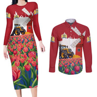 Netherlands Farm Landscape Couples Matching Long Sleeve Bodycon Dress and Long Sleeve Button Shirt with Tractor and Tulips