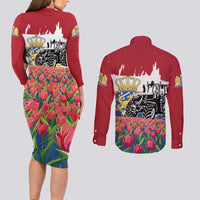 Netherlands Farm Landscape Couples Matching Long Sleeve Bodycon Dress and Long Sleeve Button Shirt with Tractor and Tulips