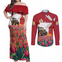 Netherlands Farm Landscape Couples Matching Off Shoulder Maxi Dress and Long Sleeve Button Shirt with Tractor and Tulips