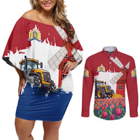 Netherlands Farm Landscape Couples Matching Off Shoulder Short Dress and Long Sleeve Button Shirt with Tractor and Tulips