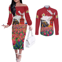 Netherlands Farm Landscape Couples Matching Off The Shoulder Long Sleeve Dress and Long Sleeve Button Shirt with Tractor and Tulips