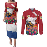 Netherlands Farm Landscape Couples Matching Puletasi and Long Sleeve Button Shirt with Tractor and Tulips