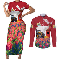 Netherlands Farm Landscape Couples Matching Short Sleeve Bodycon Dress and Long Sleeve Button Shirt with Tractor and Tulips