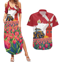 Netherlands Farm Landscape Couples Matching Summer Maxi Dress and Hawaiian Shirt with Tractor and Tulips