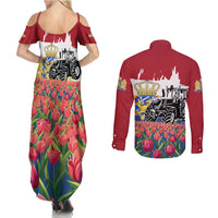 Netherlands Farm Landscape Couples Matching Summer Maxi Dress and Long Sleeve Button Shirt with Tractor and Tulips