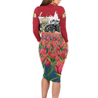 Netherlands Farm Landscape Family Matching Long Sleeve Bodycon Dress and Hawaiian Shirt with Tractor and Tulips