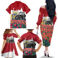 Netherlands Farm Landscape Family Matching Off The Shoulder Long Sleeve Dress and Hawaiian Shirt with Tractor and Tulips