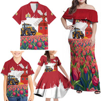Netherlands Farm Landscape Family Matching Off Shoulder Maxi Dress and Hawaiian Shirt with Tractor and Tulips
