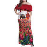 Netherlands Farm Landscape Family Matching Off Shoulder Maxi Dress and Hawaiian Shirt with Tractor and Tulips