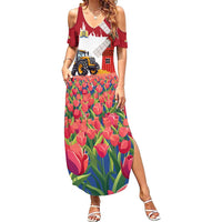 Netherlands Farm Landscape Family Matching Summer Maxi Dress and Hawaiian Shirt with Tractor and Tulips