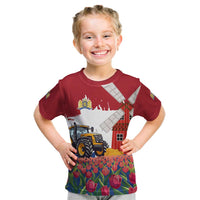 Netherlands Farm Landscape Kid T Shirt with Tractor and Tulips