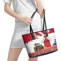 Netherlands Farm Landscape Leather Tote Bag with Tractor and Tulips